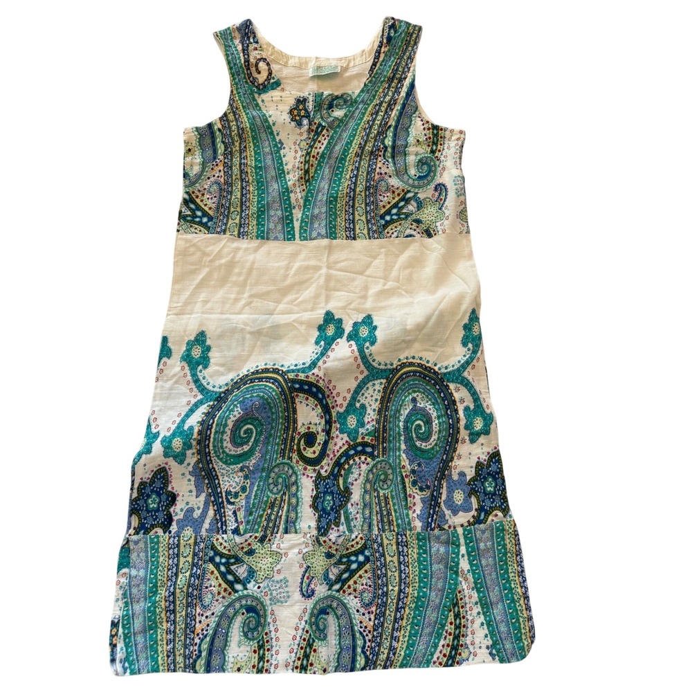 Marila Stile Italiano Vintage Paisley Shift Dress Medium Cream Teal Resortwear